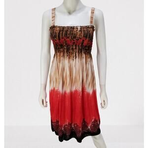 Romantic Sini Woman's Brown & Red Abstract Floral Sun Dress Size: Medium, New